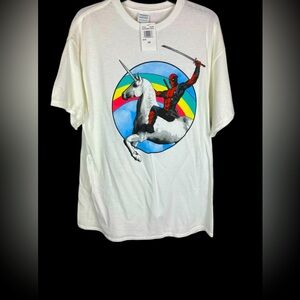 White T-Shirt with Superhero and Unicorn Graphic